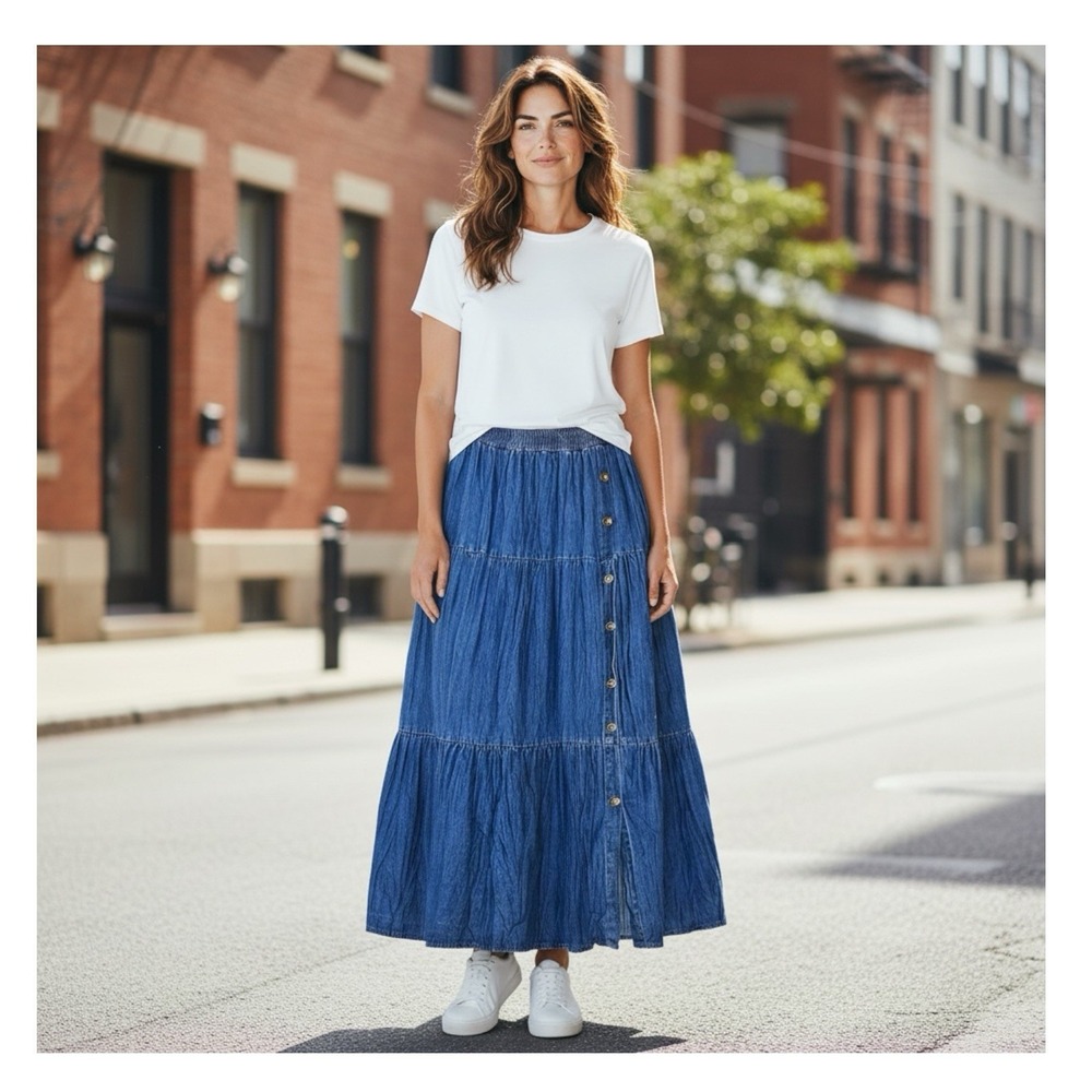 CRAZY COWGIRL M Denim Maxi Skirt Boho Cottagecore Western Chic‎ Aesthetic